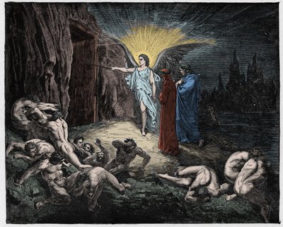 Inferno, Canto 9: De engel opent de poorten, illustratie uit De Goddelijke Komedie van Dante Alighieri, 1885 (digitaal ingekleurde gravure) door Gustave after Dore